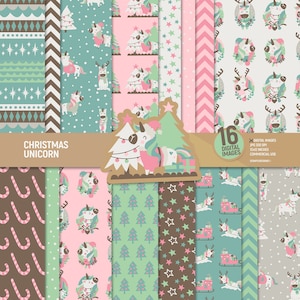 Christmas unicorn digital paper, Christmas tree scrapbook pages, unicorn pattern, santa printable background, stars ornament. Commercial use