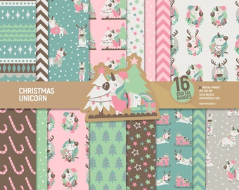 Christmas unicorn digital paper, Christmas tree scrapbook pages, unicorn pattern, santa printable background, stars ornament. Commercial use