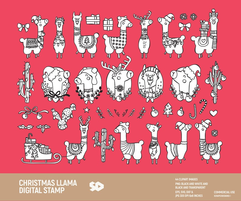 Christmas llama clipart bundle, cactus clip art, alpaca digital stamp, vector, ornament santa's llama. Png Jpeg SVG DXF EPS. Commercial use. image 2