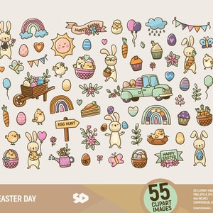 Clipart le jour de Pâques, clipart lapin, clipart floral, tirage arc-en-ciel, image vectorielle imprimable, oeufs d'illustration de printemps, lapin, poussin, usage commercial.