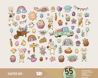 Easter Day clipart, bunny clip art, floral clipart, rainbow draw, vector printable, spring illustration eggs, rabbit, chick, commercial use.