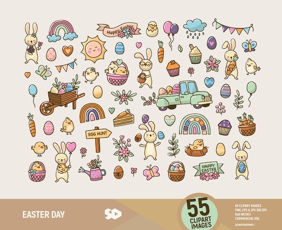 Easter Day clipart, bunny clip art, floral clipart, rainbow draw, vector printable, spring illustration eggs, rabbit, chick, commercial use.