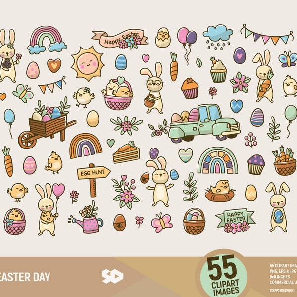 Easter Day clipart, bunny clip art, floral clipart, rainbow draw, vector printable, spring illustration eggs, rabbit, chick, commercial use.