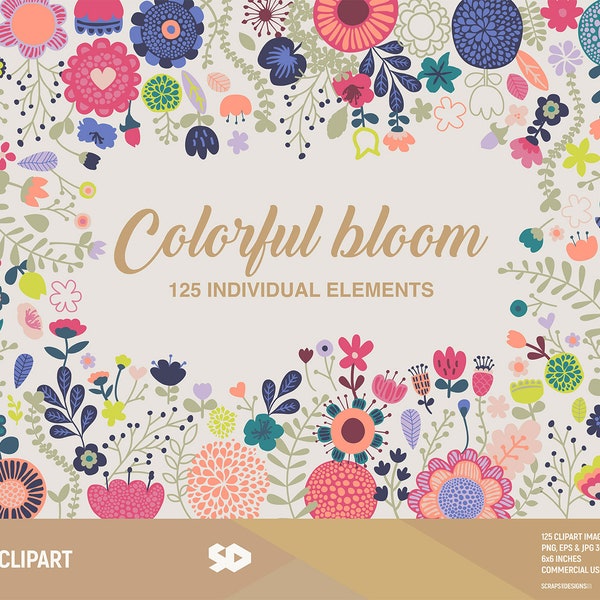 Floral clipart, flowers clip art. Colorful bloom wedding, invitations bouquet, spring cute scrapbook blossom, vector graphic, COMMERCIAL USE