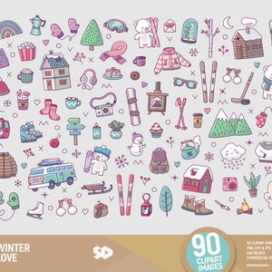 Clipart d'amour d'hiver, clipart de vacances de voyage, dessin de cabine de montagne de neige de ski, forêt de vecteur d'ours polaire, illustration de ski utilisation commerciale