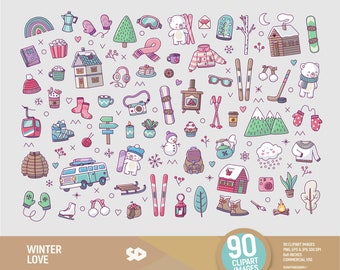 Winter love clipart, travel holidays clip art, ski snow mountain cabin draw, polar bear vector woodland, skiing illustration Commercial use