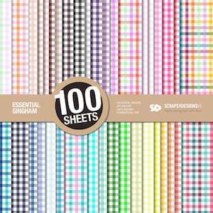 May include: A collection of 100 digital gingham pattern sheets in various colors, including pink, blue, green, and purple. The patterns are arranged vertically, with a circular graphic in the center that reads "100 SHEETS". The text "ESSENTIAL GINGHAM" is also present.