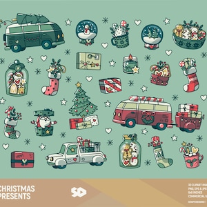Christmas presents clipart, Xmas gifts clip art. Tree santa snowball cookies van camper car socks draw vector illustration. Commercial use.