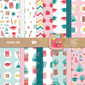Schultag digitales Papier, zurück in die Schule, Lehrer Scrapbook Seiten, Klassenzimmer Muster, Rucksack Bücher Bleistift Hintergrund. Kommerzielle Nutzung