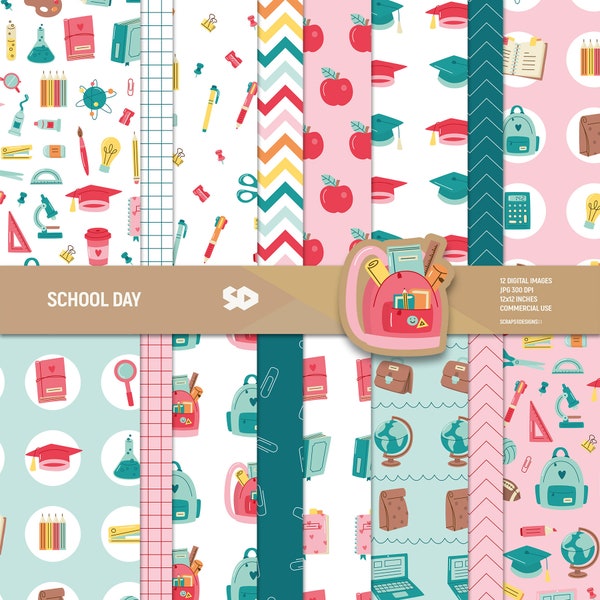 School day digital paper pack, back to school, teacher scrapbook pages, classroom patterns, backpack books pencil background. Commercial use