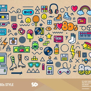 Clipart de style années 80, clipart scrapbooking rétro, vecteur de scrapbooking memphis, 80, 1980, png vintage géométrique, jpeg, eps. Utilisation commerciale.