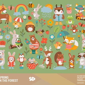 Lente in het bos clipart, dieren illustraties, bloem, regenboog tekenen, afdrukbare vector, bos illustratie, regen, tuin, commercieel gebruik.