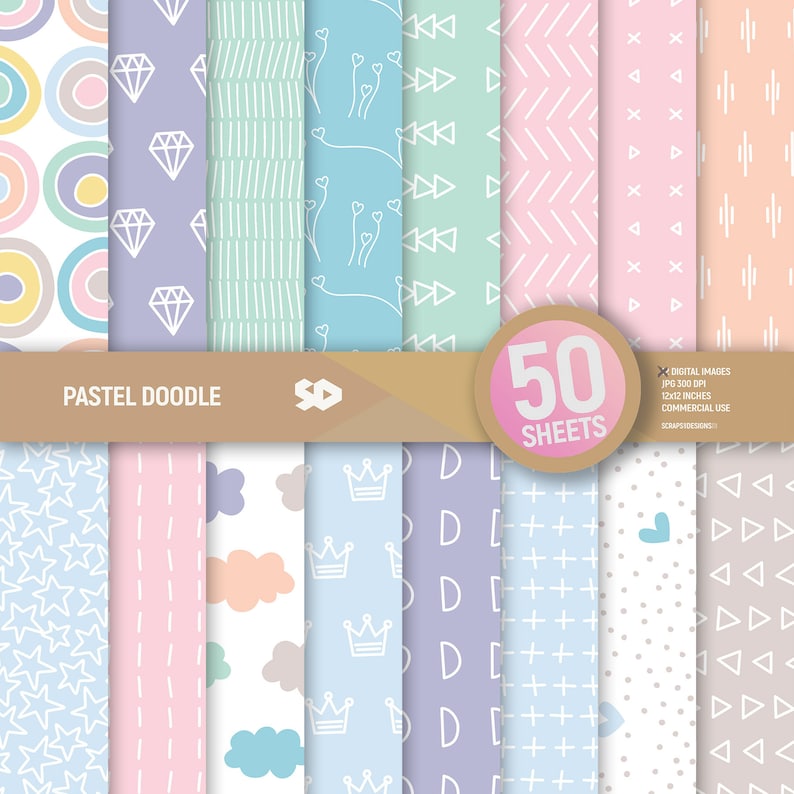 50 Pastel doodle digital paper pack. Patterns scrapbooking pages. Spring background bundle scrapbook sheets printable. Commercial use. zdjęcie 2