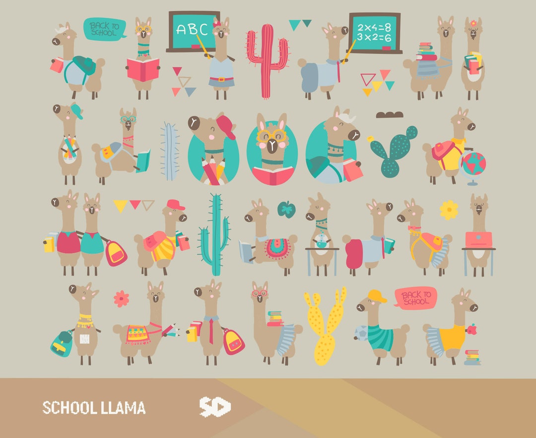 Custom School Llama Clipart, Back to School, Cactus Clip Art, Teacher ...