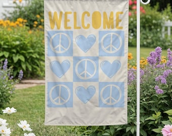 Personalisierte Schachbrett-Garten-Flagge: Frieden und Liebe Willkommensschild