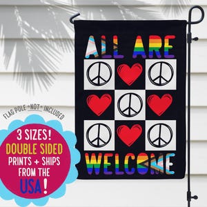 Alle sind willkommen Schachbrett Frieden und Liebe Gartenfahne, Vielfalt Hausbanner, einzigartiges LGTBQ Pride Yard Schild, Regenbogen Herz Verandafahne