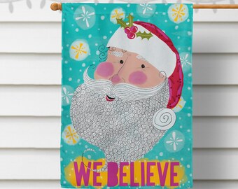 Bandeira do jardim do papai noel, acreditamos em bandeiras mágicas de natal, arte original de quintal de férias, decorações de varanda de natal, bandeira engraçada de casa de natal