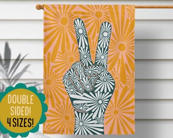 Vrede liefde bloemen zon gele huis vlag, vredesteken tuin vlag, oranje bloemen tuin vlag, Boho artwork, welkom kunst banner, veranda teken