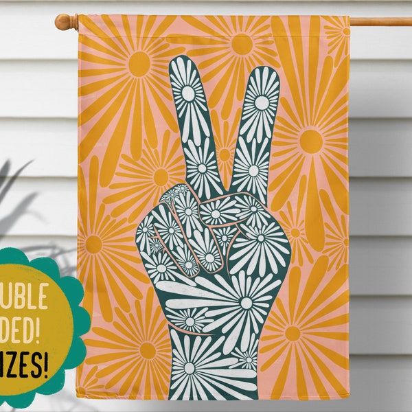 Peace Love Flowers Sun Yellow House Flag, Peace Sign Garden Flag, Orange Floral Yard Flag, Boho Artwork, Welcome Art Banner, Porch Sign