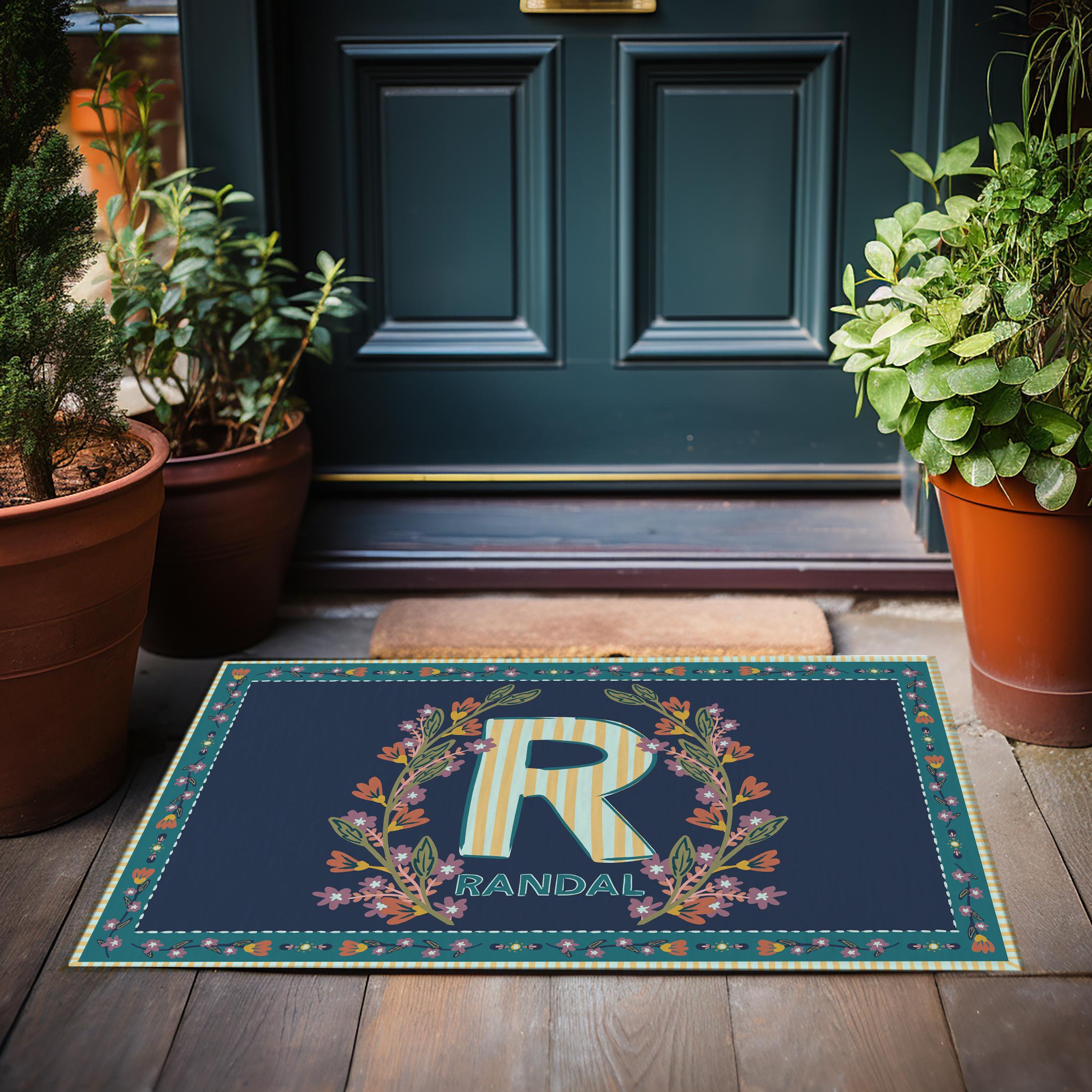 Personalized Floral Initial Doormat, Custom Name Outdoor Door Mat