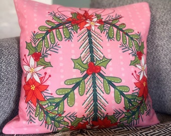 Poinsettia Peace Wreath Christmas Pillow, Pink Holiday Accent Throw Pillow, Boho Christmas Decor, Pink and Green Christmas Decorations