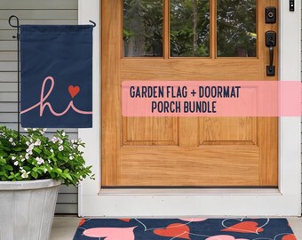 Gartenfahne + Fußmatte-Veranda-Bundle - Hallo Valentine-Willkommens-Veranda-Dekor-Set, abgestimmter Eingang im Freien