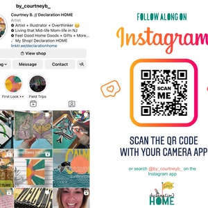 Peut inclure: Capture d'&eacute;cran d'un profil Instagram avec un code QR &agrave; scanner. Le profil est celui de "by_courtneyb_" et comprend le texte "Artist + Illustrator + Overthinker". Le code QR dit "Scan Me". Le profil comprend &eacute;galement un lien vers une boutique.