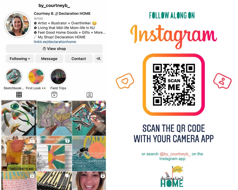 Peut inclure: Capture d'&eacute;cran d'un profil Instagram avec un code QR &agrave; scanner. Le profil est celui de "by_courtneyb_" et comprend le texte "Artist + Illustrator + Overthinker". Le code QR dit "Scan Me". Le profil comprend &eacute;galement un lien vers une boutique.