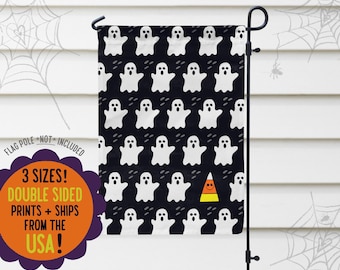 Bandeira de jardim de Halloween com fantasmas fofos e milho doce, decoração de quintal e varanda de Halloween, decoração externa assustadora de outono, bandeira de casa de Halloween