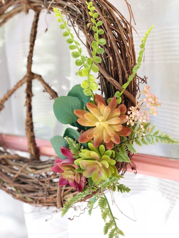Summer Decor Succulent Peace Wreath Summer Wreath Plant Lover Gift Plant Mom Porch Decor Boho Succulent Lover Gift Peace Sign Wreath