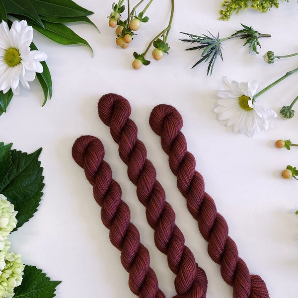 Hand Dyed Mini Skein • Color No. 02 Burgundy • Merino and Nylon Sock Blend • Cute 20g Sock Yarn Mini Skein