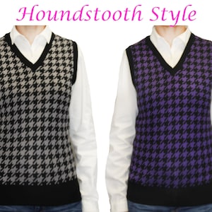 May include: Two V-neck sweaters with a houndstooth pattern. One sweater is black and gray, the other is black and purple.