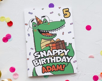 Personalised Kids Birthday Card | Happy "Snappy" Birthday Crocodile Pun Greeting | Custom Name and Age Party - 5" x 7" Greetings Card