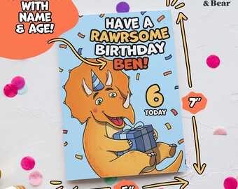 Personalised Kids Birthday Card | "Rawrsome" Birthday Dionsaur Pun Greeting | Custom Name and Age Party - 5" x 7" Greetings Card