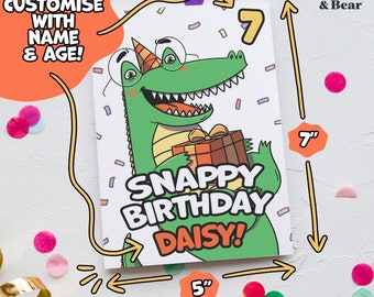 Personalised Kids Birthday Card | Happy "Snappy" Birthday Crocodile Pun Greeting | Custom Name and Age Party - 5" x 7" Greetings Card