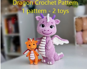 Puede incluir: Un patrón de crochet para hacer dos juguetes de dragón. El patrón incluye instrucciones para hacer un dragón morado y un dragón naranja. El texto en la imagen dice "Dragon Crochet Pattern 1 pattern - 2 toys".