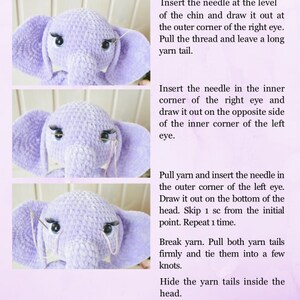 May include: A close-up of a purple crocheted elephant with detailed instructions on how to sculpt the eye sockets. The instructions include inserting a needle, pulling yarn, and tying knots.