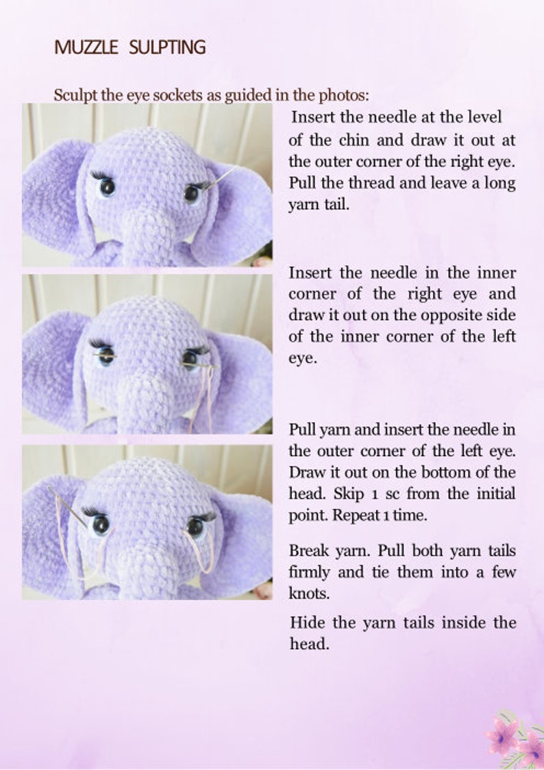 May include: A close-up of a purple crocheted elephant with detailed instructions on how to sculpt the eye sockets. The instructions include inserting a needle, pulling yarn, and tying knots.