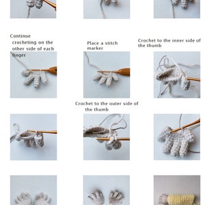 May include: A step-by-step guide on how to crochet a hand for a small amigurumi doll. The image shows the process of attaching the fingers, crocheting the thumb, and finishing the hand. The final image shows two completed hands and a crocheted doll body.