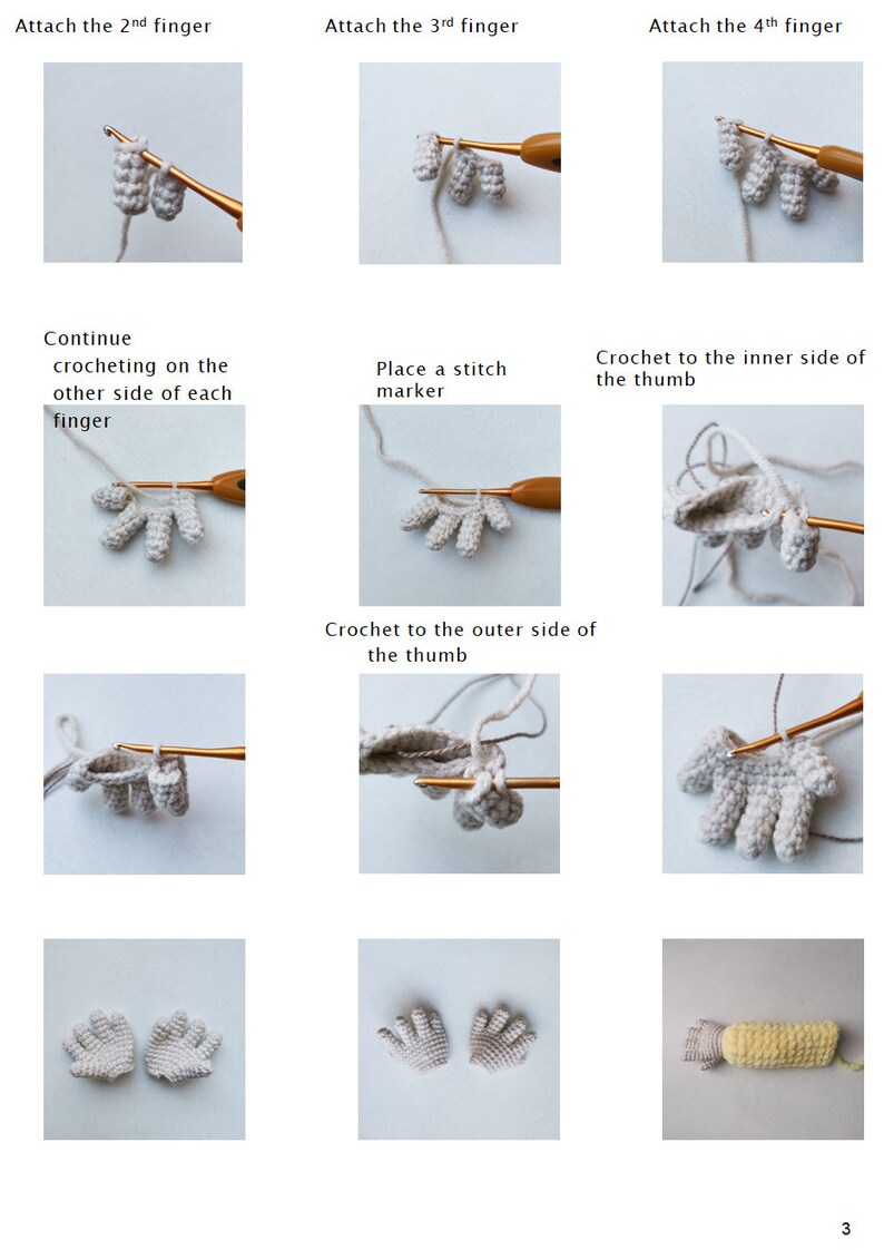 May include: A step-by-step guide on how to crochet a hand for a small amigurumi doll. The image shows the process of attaching the fingers, crocheting the thumb, and finishing the hand. The final image shows two completed hands and a crocheted doll body.