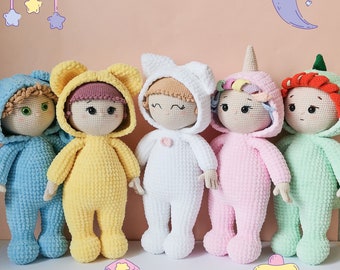 Dolls pattern - 5-in-1 dolls crochet pattern, amigurumi baby dolls pattern, baby in animal costumes patterns, amigurumi pattern