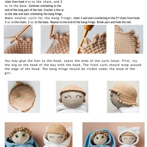 May include: Crocheted doll hair with instructions for making curls and a bang fringe. The image shows three close-up photos of the crocheted hair, followed by four photos of dolls wearing the crocheted hair.