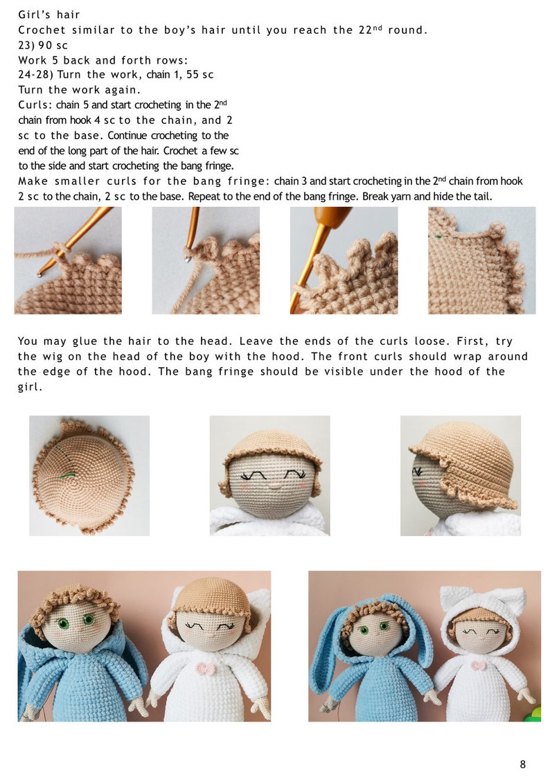 May include: Crocheted doll hair with instructions for making curls and a bang fringe. The image shows three close-up photos of the crocheted hair, followed by four photos of dolls wearing the crocheted hair.