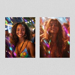 May include: Two women with long hair smiling at the camera. They are both wearing colorful tops and are surrounded by colorful lights.