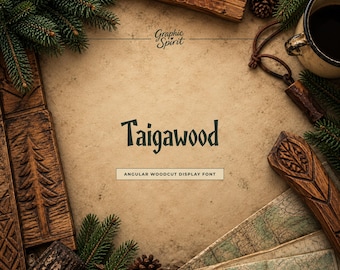Taigawood Angular Woodcut Display Font for outdoor branding, camp badges, trail signage, rustic packaging