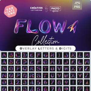 May include: A collection of overlay letters and digits in a neon flow style. The letters and digits are in a variety of colors, including pink, blue, yellow, and purple. The letters and digits are arranged in a grid pattern. The text "FLOW4 Collection" is at the top of the image.