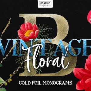 Colección PNG de monogramas florales botánicos vintage en lámina dorada y negro para camisetas, tarjetas, pósteres, arte mural, bodas y listos para imprimir.