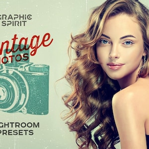 May include: Vintage Photos Lightroom Presets graphic design with a vintage camera illustration and the text "GRAPHIC SPIRIT Vintage PHOTOS Lightroom Presets".
