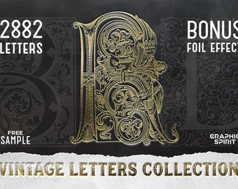 Puede incluir: Una colección de 2882 letras vintage con un efecto de lámina dorada. Las letras son ornamentadas y detalladas, con un fondo negro. El texto "FREE SAMPLE" y "GRAPHIC SPIRIT" también es visible.