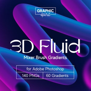 May include: A digital illustration of a 3D fluid design with blue and purple gradients. The text "3D Fluid" is in white and the text "Mixer Brush Gradients" is below it. The text "for Adobe Photoshop" is in a white box below the text. The text "140 PNGs" and "60 Gradients" are in white boxes below the text.